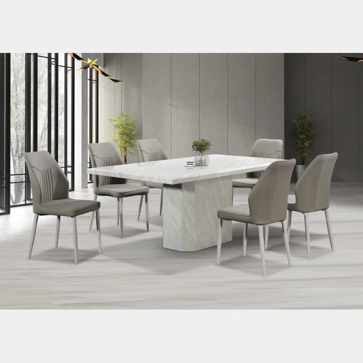 Goodnite 1+6 / 1+8 Marble Dining Set (W 1500mm), Marble Top Table, Metal Leg, PU Chair
