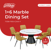 Goodnite (1+6) Marble Dining Set (W 1350mm), Full Marble Top Table, Metal Leg, Fabric Chair