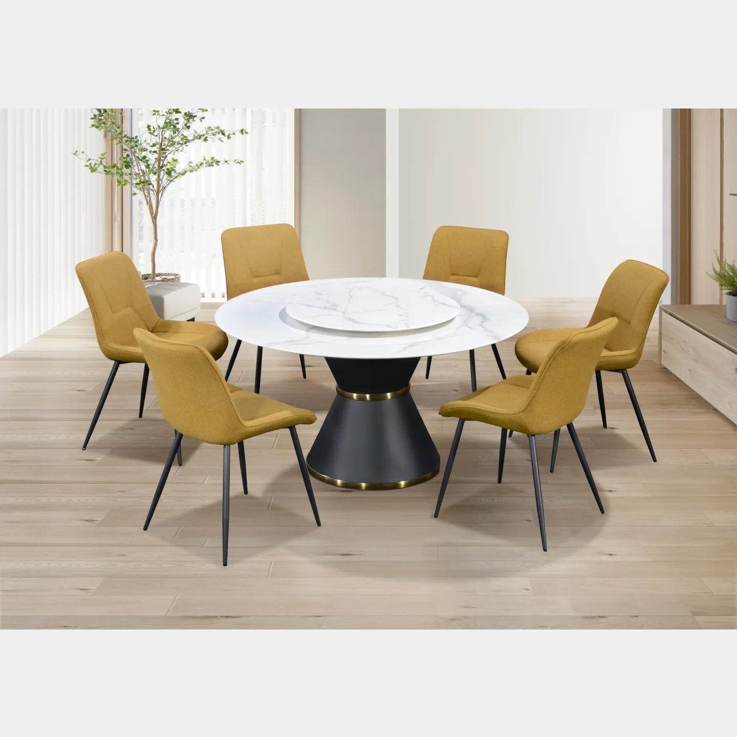 Goodnite (1+6) Marble Dining Set (W 1350mm), Full Marble Top Table, Metal Leg, Fabric Chair