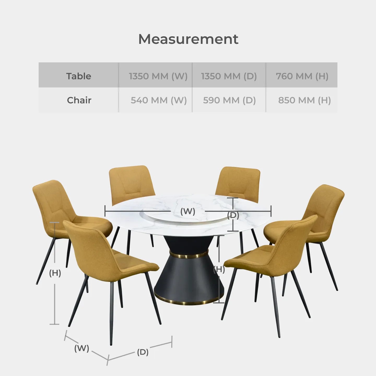 Goodnite (1+6) Marble Dining Set (W 1350mm), Full Marble Top Table, Metal Leg, Fabric Chair