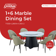 Goodnite (1+6) Marble Dining Set (W 1350mm), Full Marble Top Table, Metal Leg, PU Chair