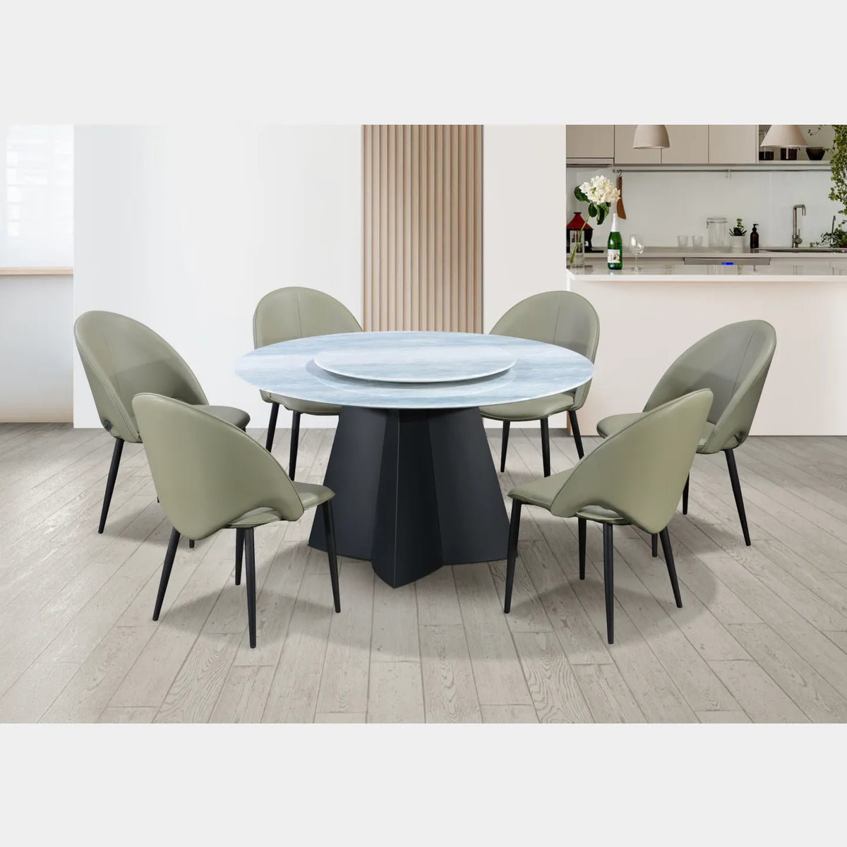 Goodnite (1+6) Marble Dining Set (W 1350mm), Full Marble Top Table, Metal Leg, PU Chair