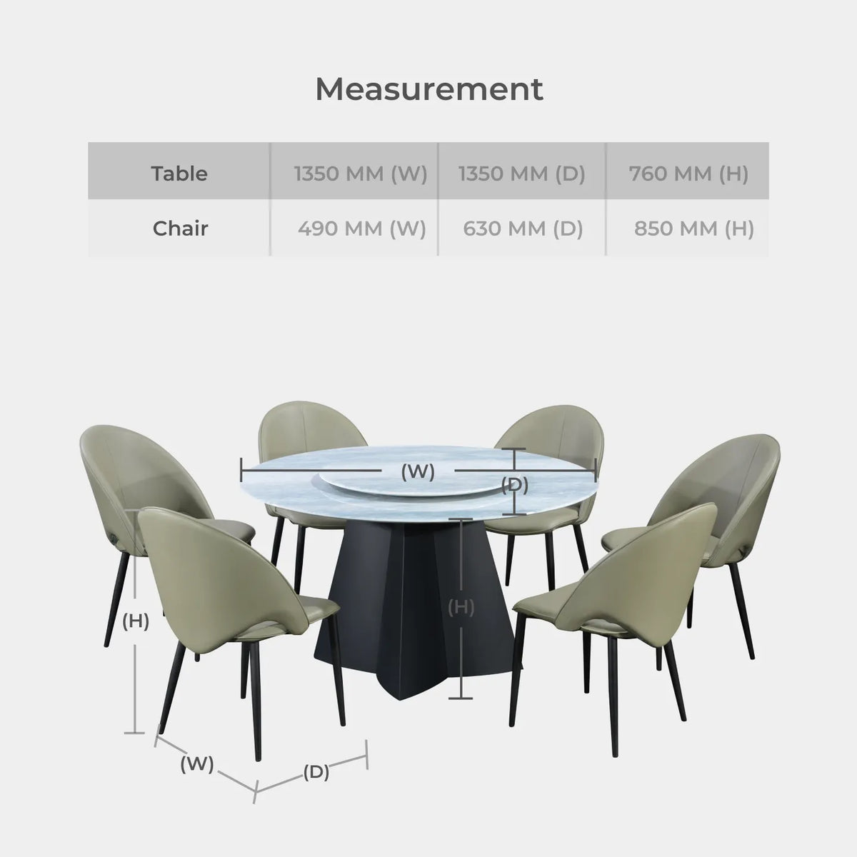 Goodnite (1+6) Marble Dining Set (W 1350mm), Full Marble Top Table, Metal Leg, PU Chair