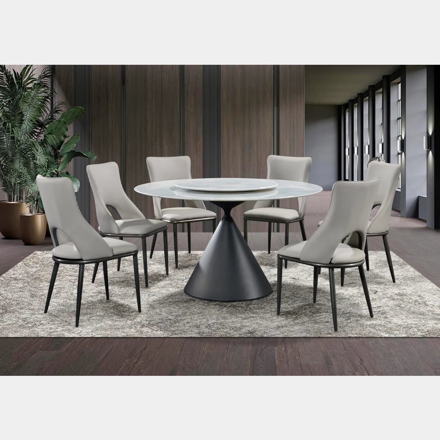 Goodnite (1+6) Marble Dining Set (W 1350mm), Full Marble Top Table, Slim Metal Leg, PU Chair
