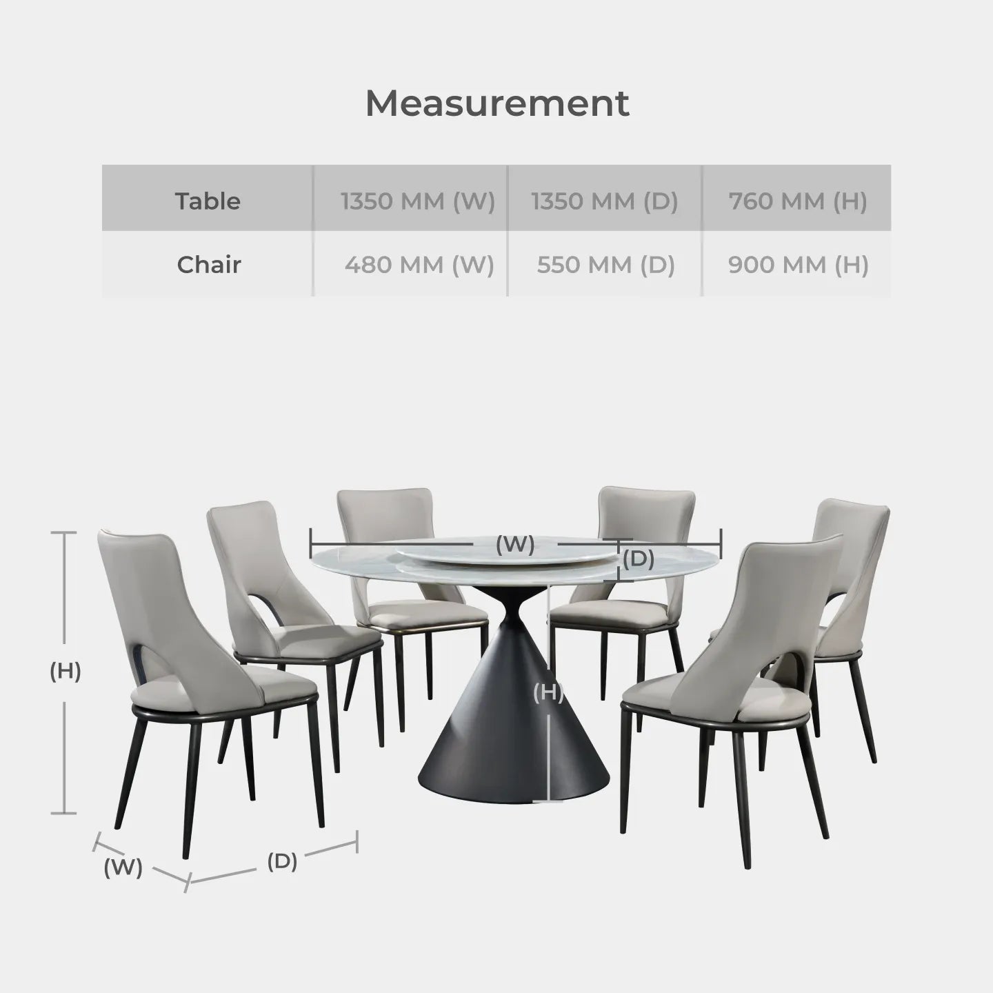 Goodnite (1+6) Marble Dining Set (W 1350mm), Full Marble Top Table, Slim Metal Leg, PU Chair