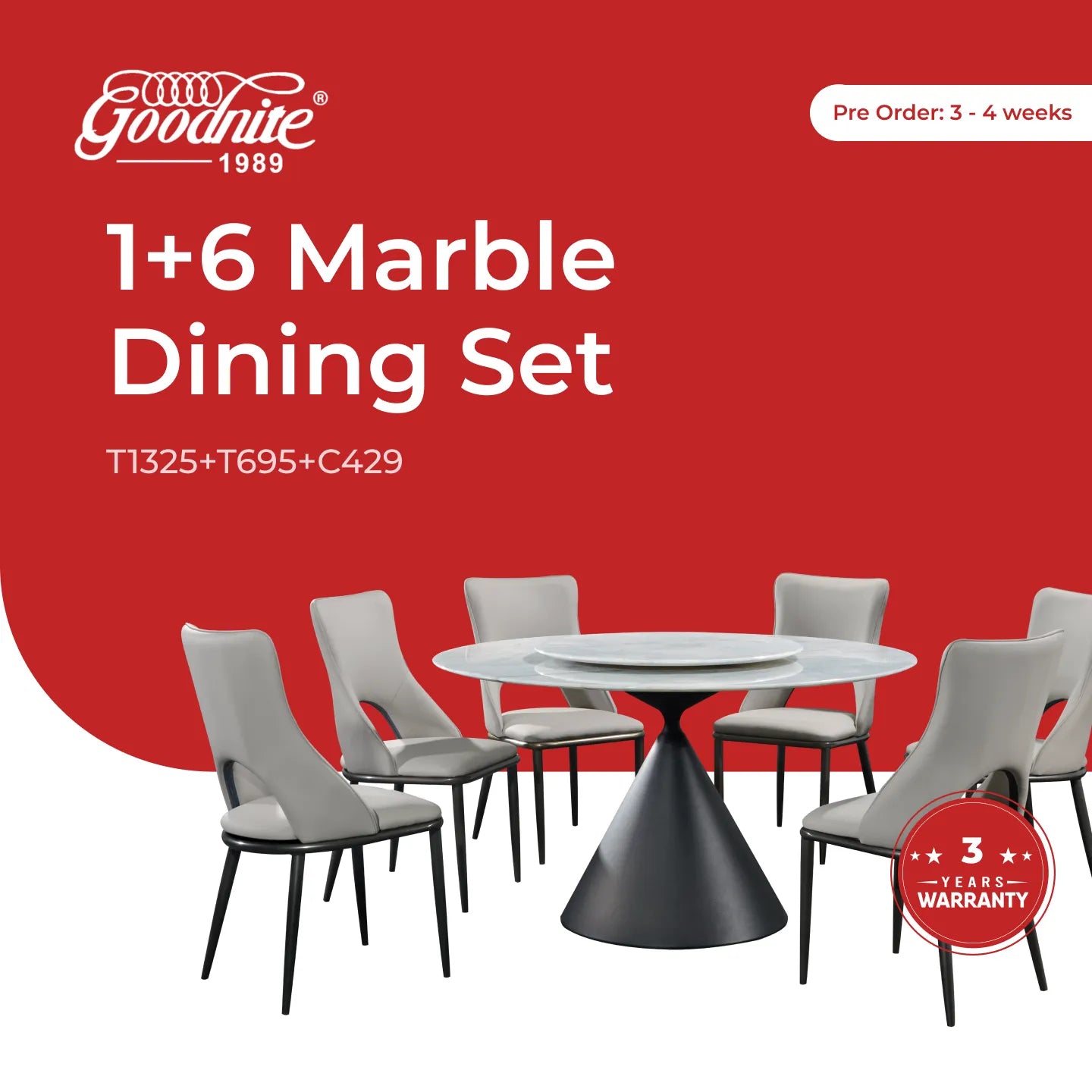 Goodnite (1+6) Marble Dining Set (W 1350mm), Full Marble Top Table, Slim Metal Leg, PU Chair