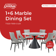 Goodnite (1+6) Marble Dining Set (W 1350mm), Full Marble Top Table, Slim Metal Leg, PU Chair