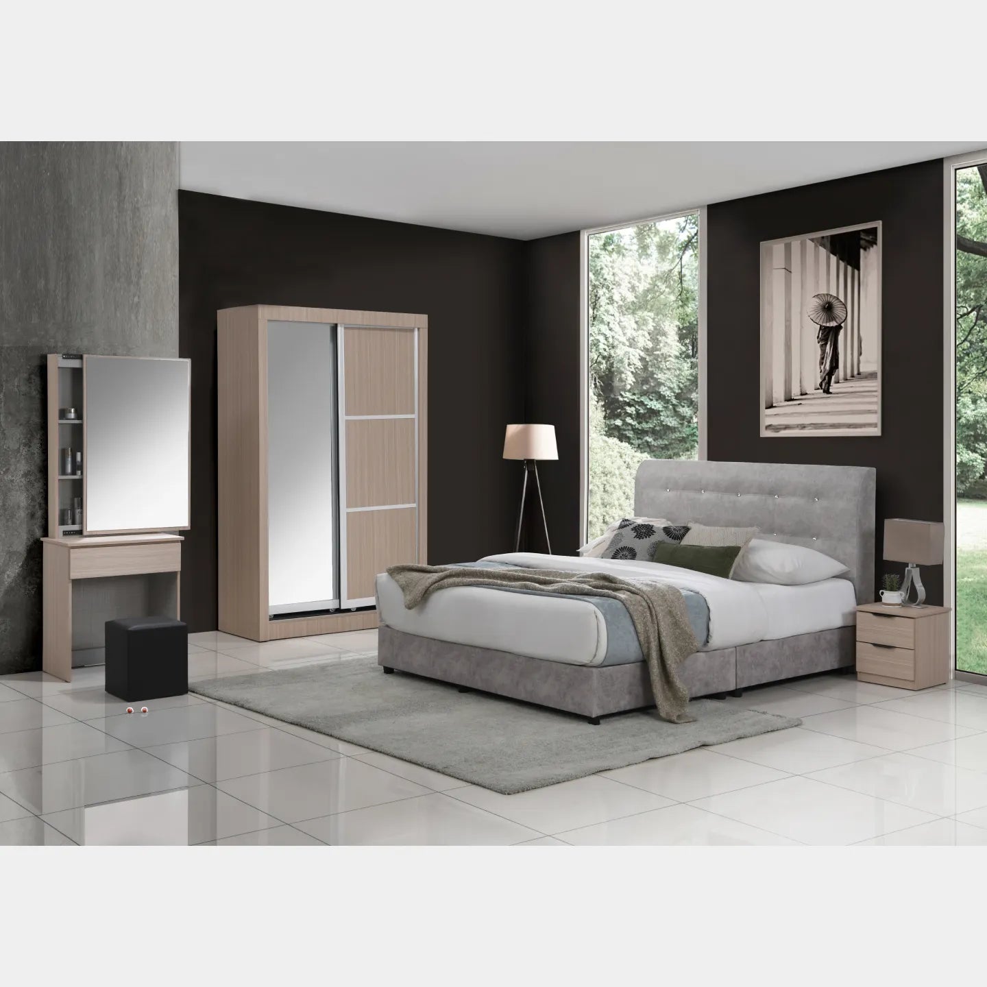 Goodnite Queen/ King Bedroom Set, Bedframe + Wardrobe + Dresser + Side Table (GN811)