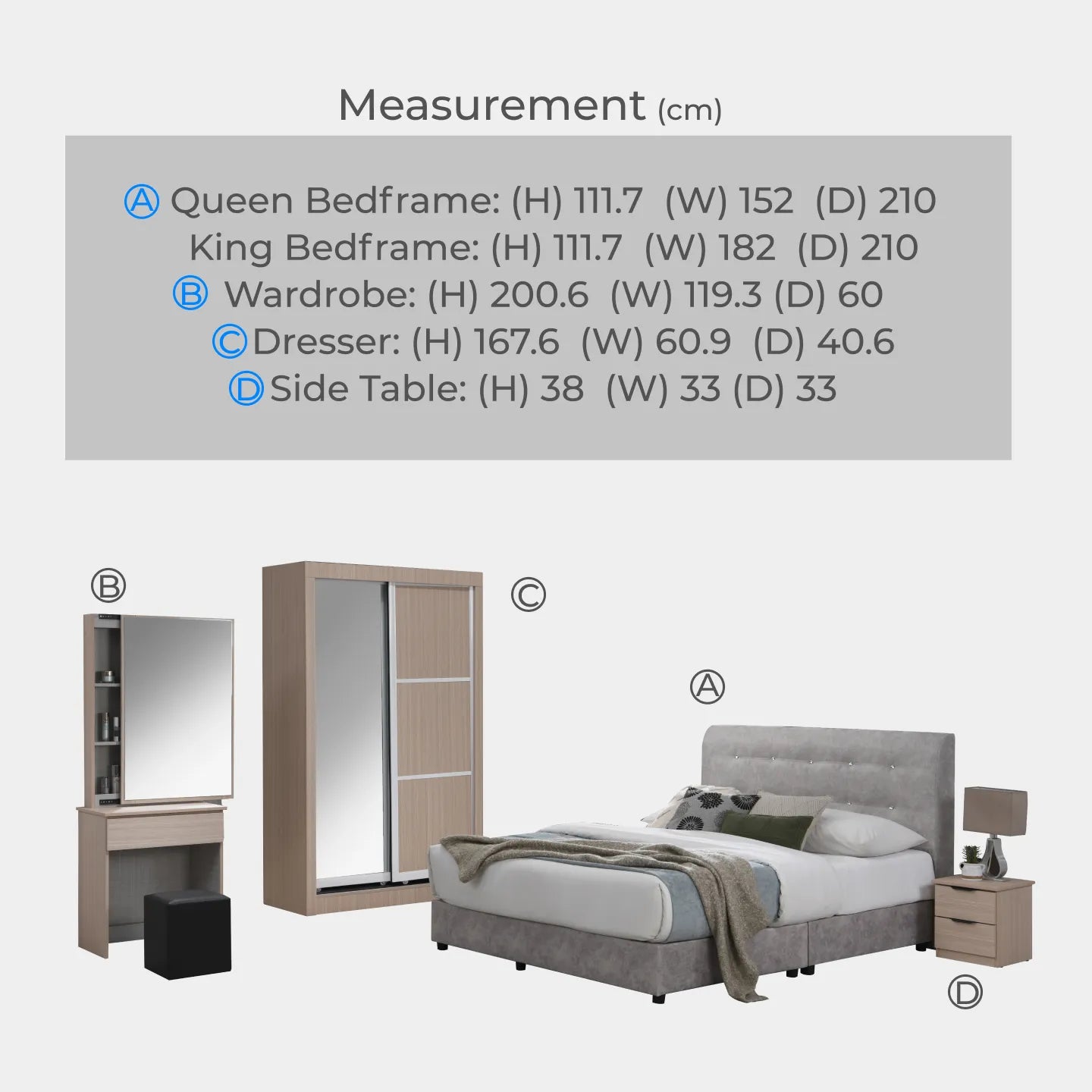 Goodnite Queen/ King Bedroom Set, Bedframe + Wardrobe + Dresser + Side Table (GN811)