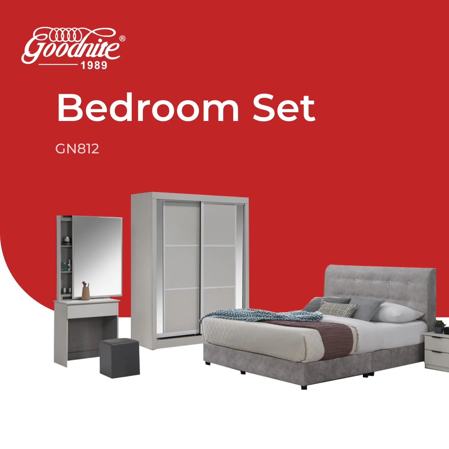 Goodnite Queen/ King Bedroom Set, Bedframe + Wardrobe + Dresser + Side Table (GN812)