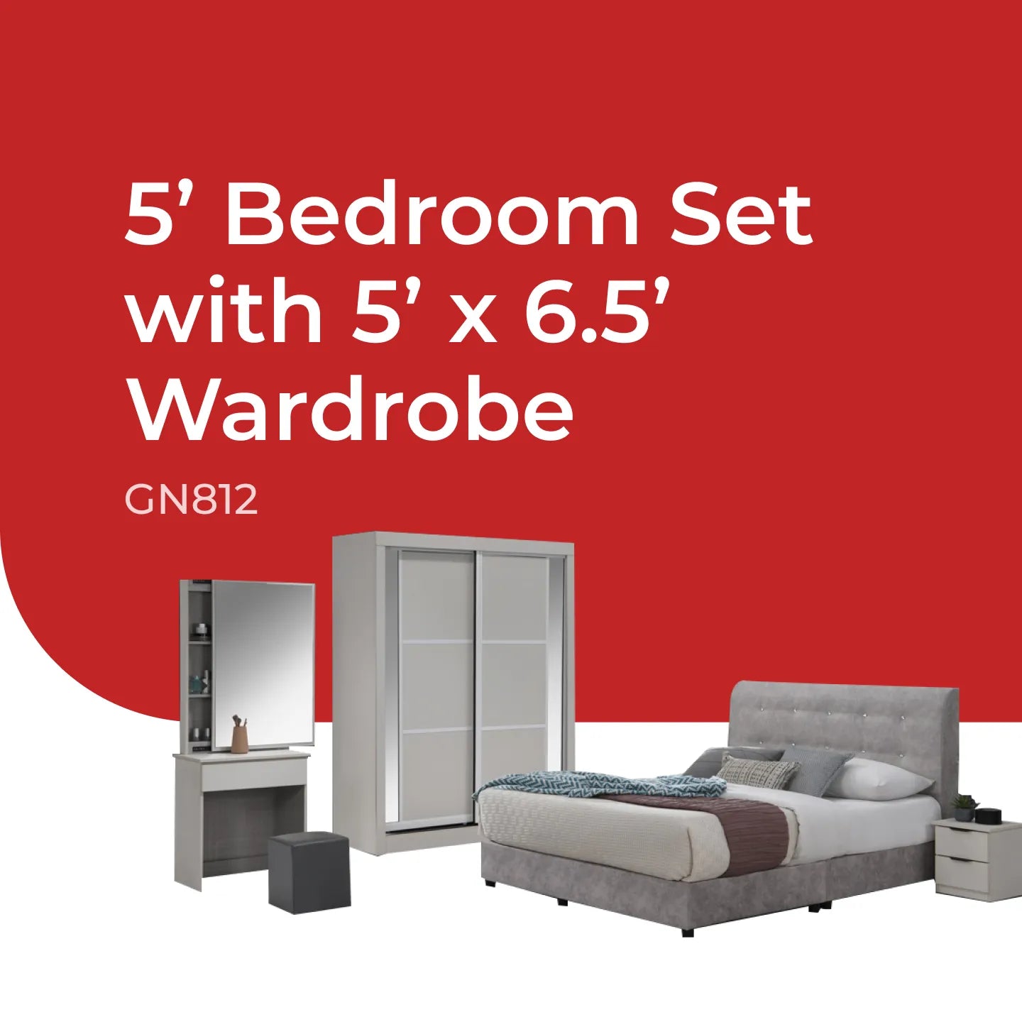 Goodnite Queen/ King Bedroom Set, Bedframe + Wardrobe + Dresser + Side Table (GN812)