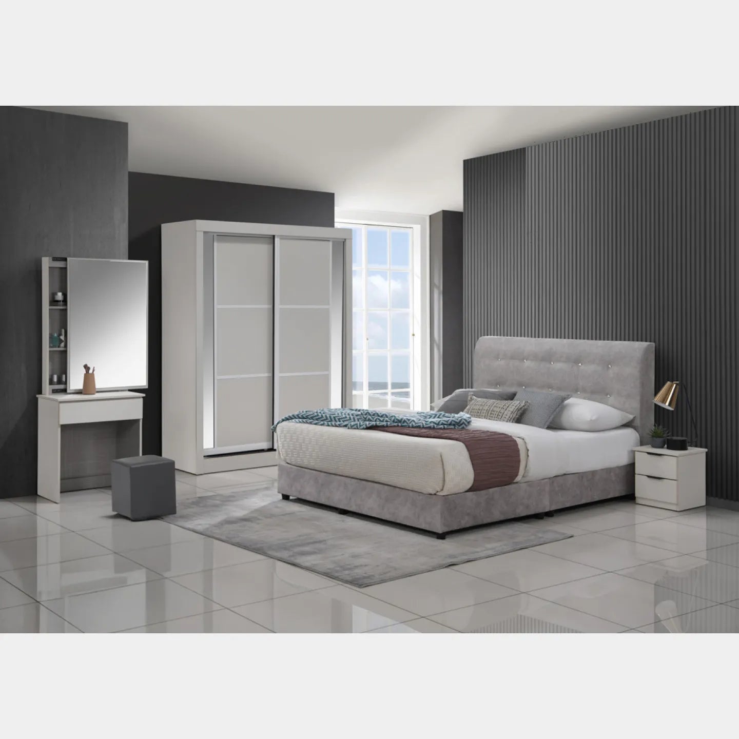 Goodnite Queen/ King Bedroom Set, Bedframe + Wardrobe + Dresser + Side Table (GN812)