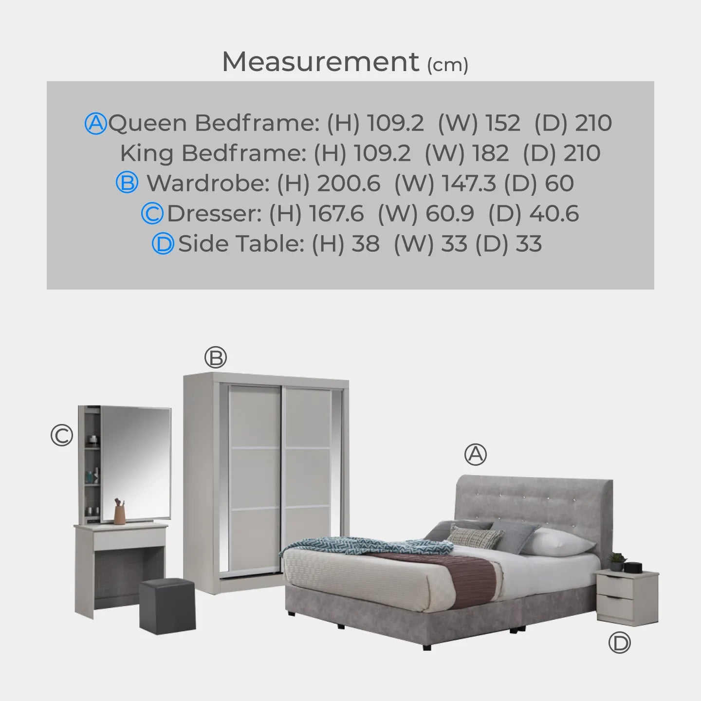 Goodnite Queen/ King Bedroom Set, Bedframe + Wardrobe + Dresser + Side Table (GN812)