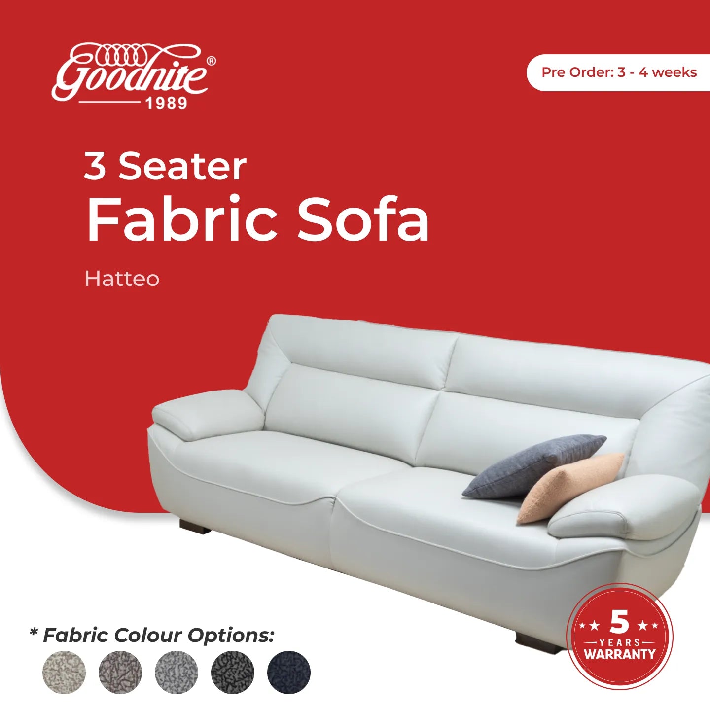 Goodnite Fabric Sofa (Hatteo), 1 Seater/ 2 Seater/ 3 Seater/ 5 Years Warranty