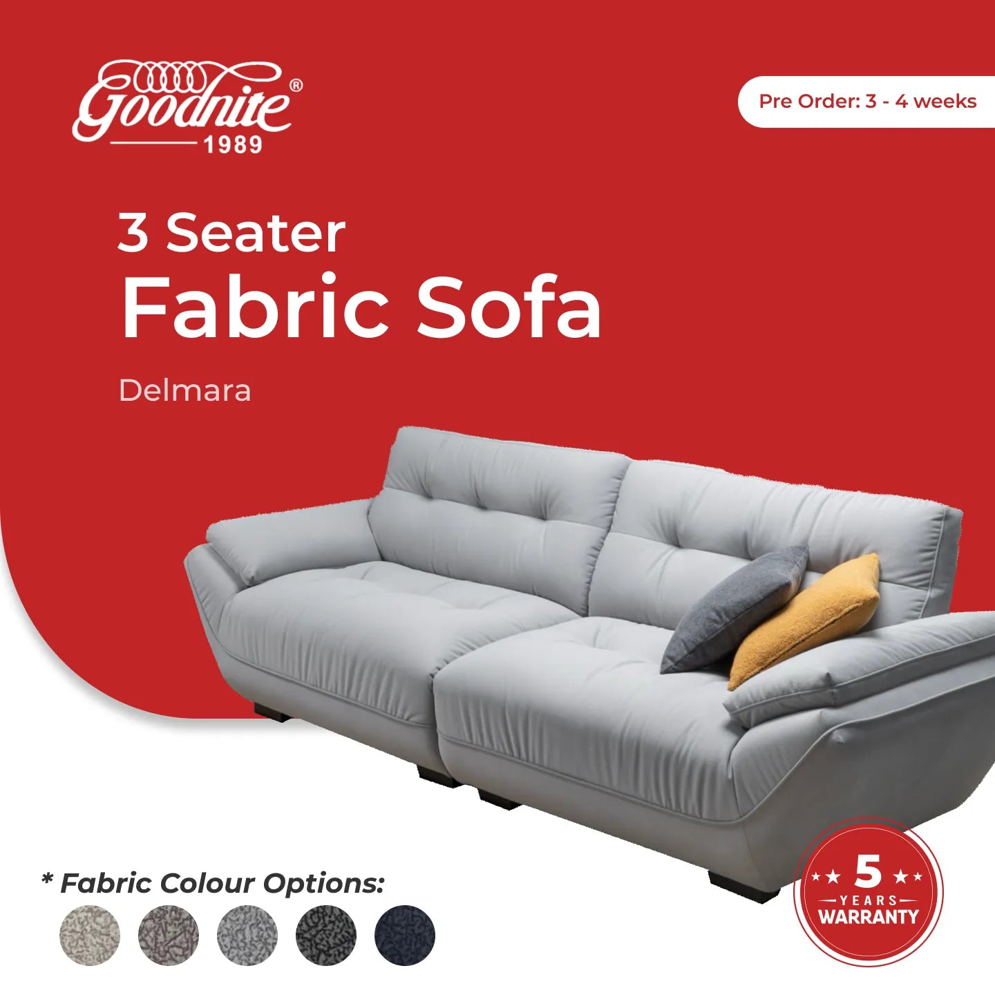 Goodnite Fabric Sofa (Delmara), 1 Seater/ 2 Seater/ 3 Seater/ 5 Years Warranty