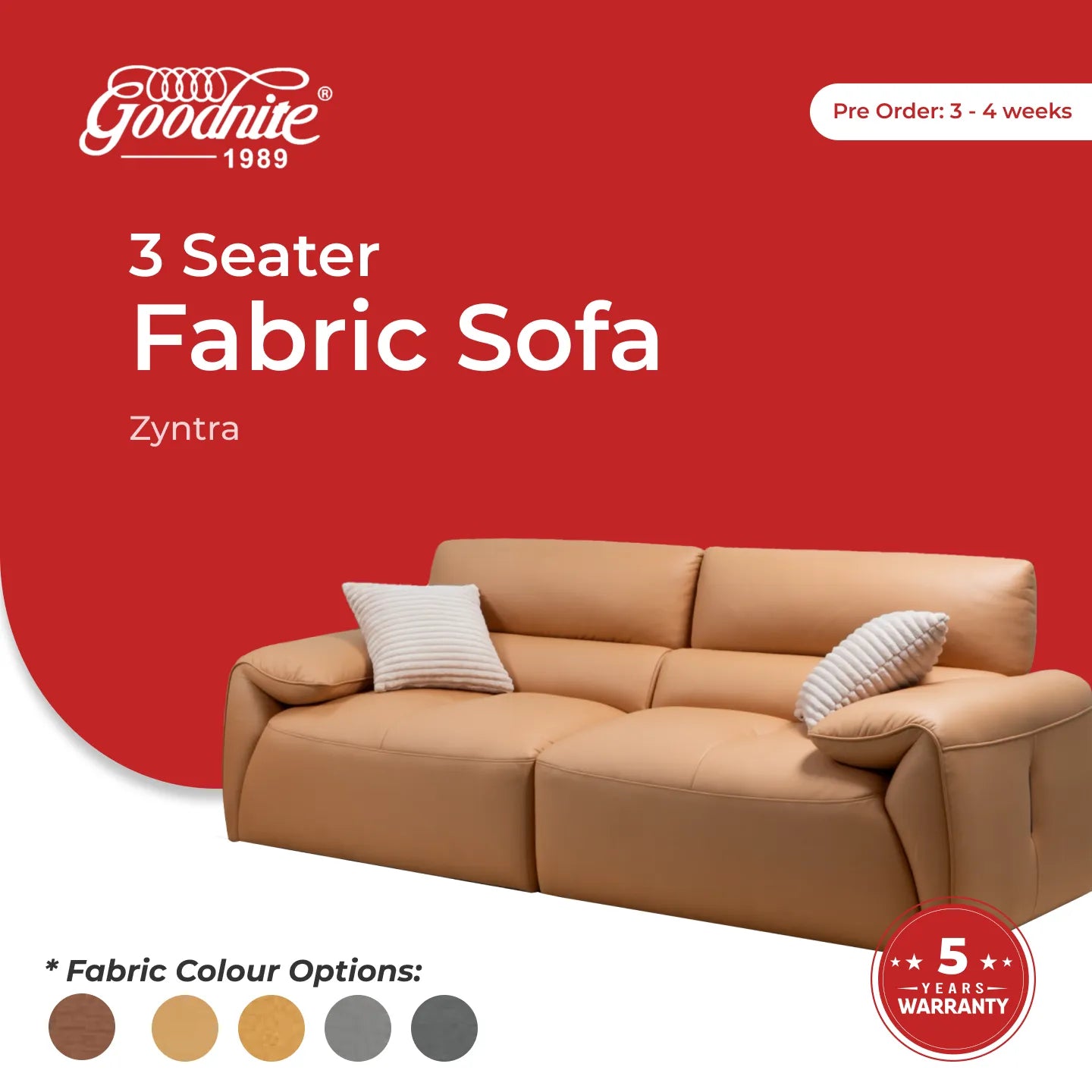 Goodnite Fabric Sofa (Zyntra), 1 Seater/ 2 Seater/ 3 Seater/ 5 Years Warranty