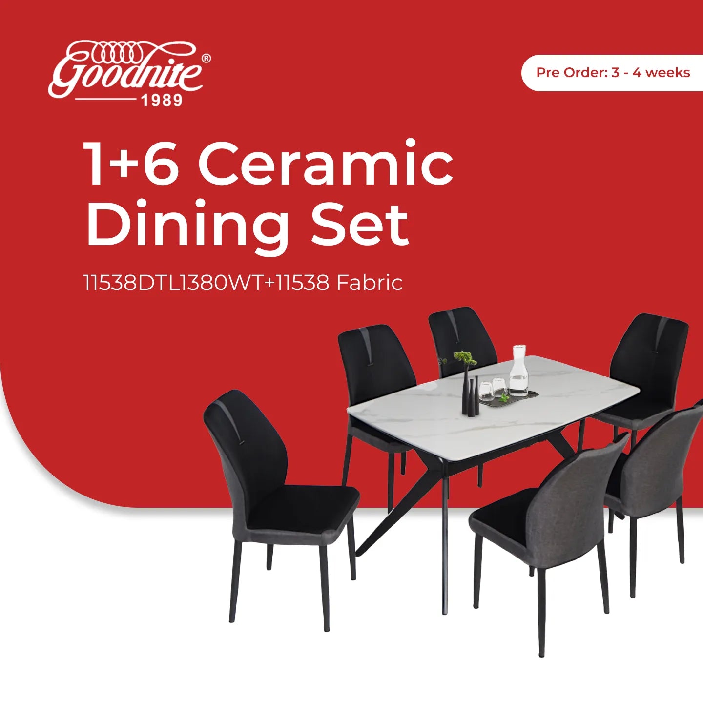 Goodnite (1+6) Ceramic Dining Set, Ceramic Top, Metal Leg, Fabric Chair