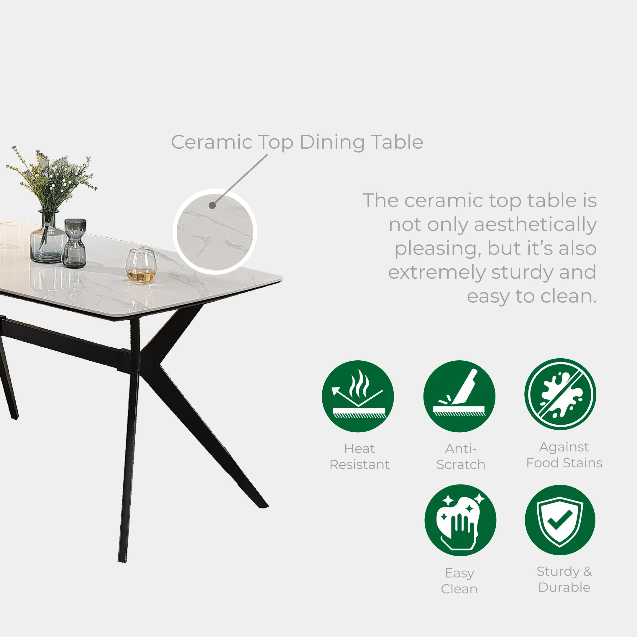 Goodnite (1+6) Ceramic Dining Set, Ceramic Top, Metal Leg, Fabric Chair