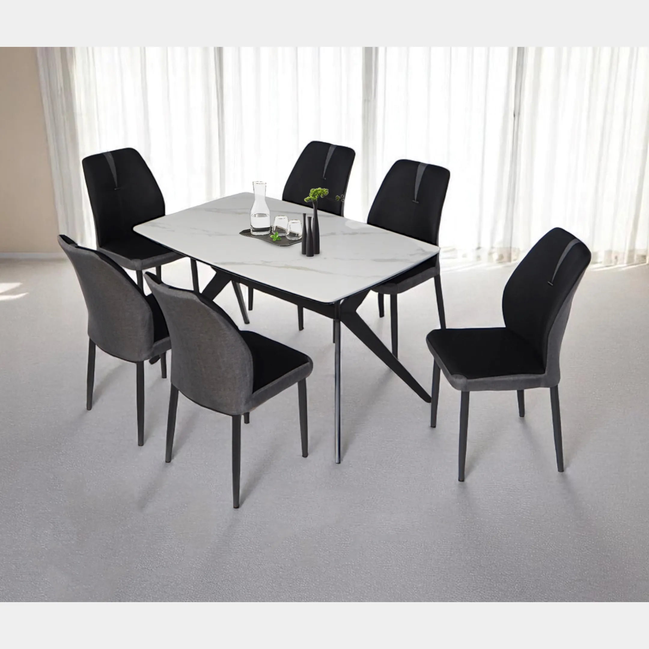 Goodnite (1+6) Ceramic Dining Set, Ceramic Top, Metal Leg, Fabric Chair