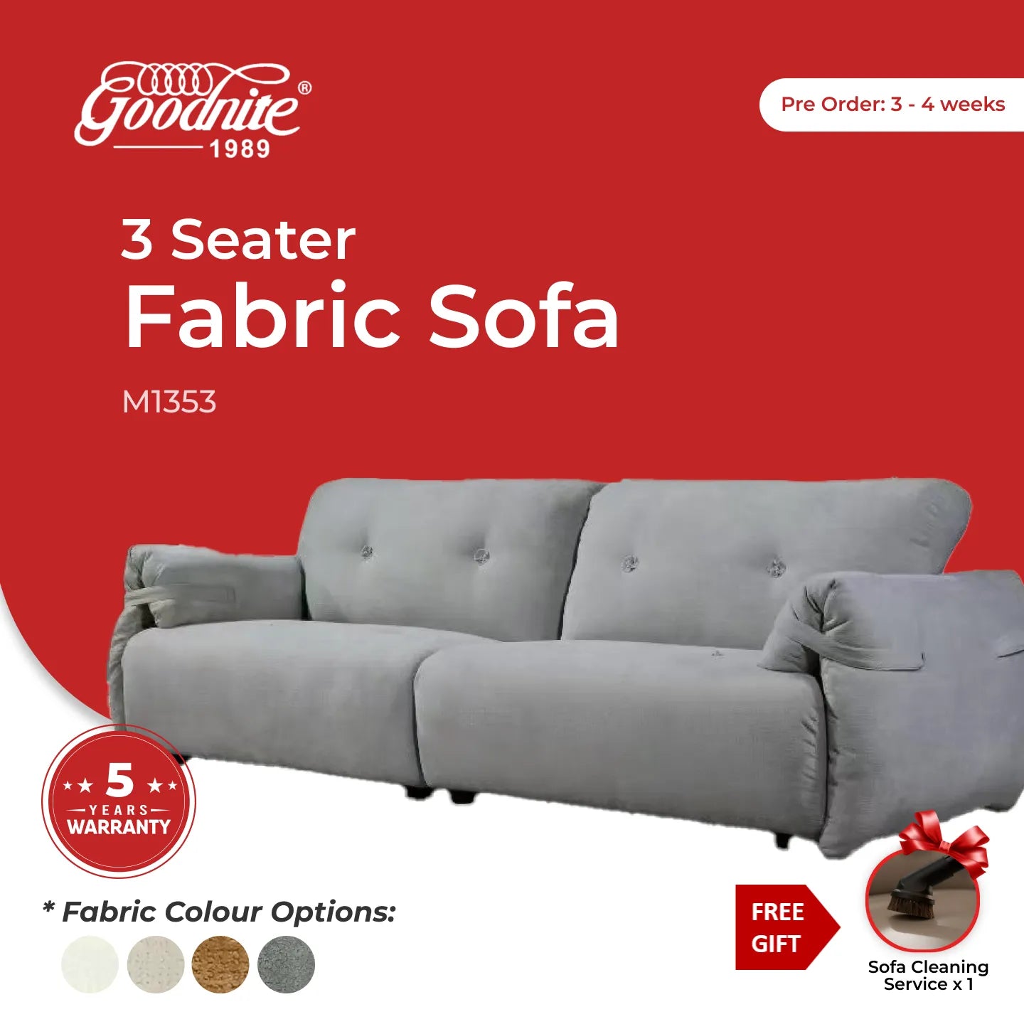 Goodnite Fabric Sofa (M1353), 1 Seater/ 2 Seater/ 3 Seater/ 5 Years Warranty