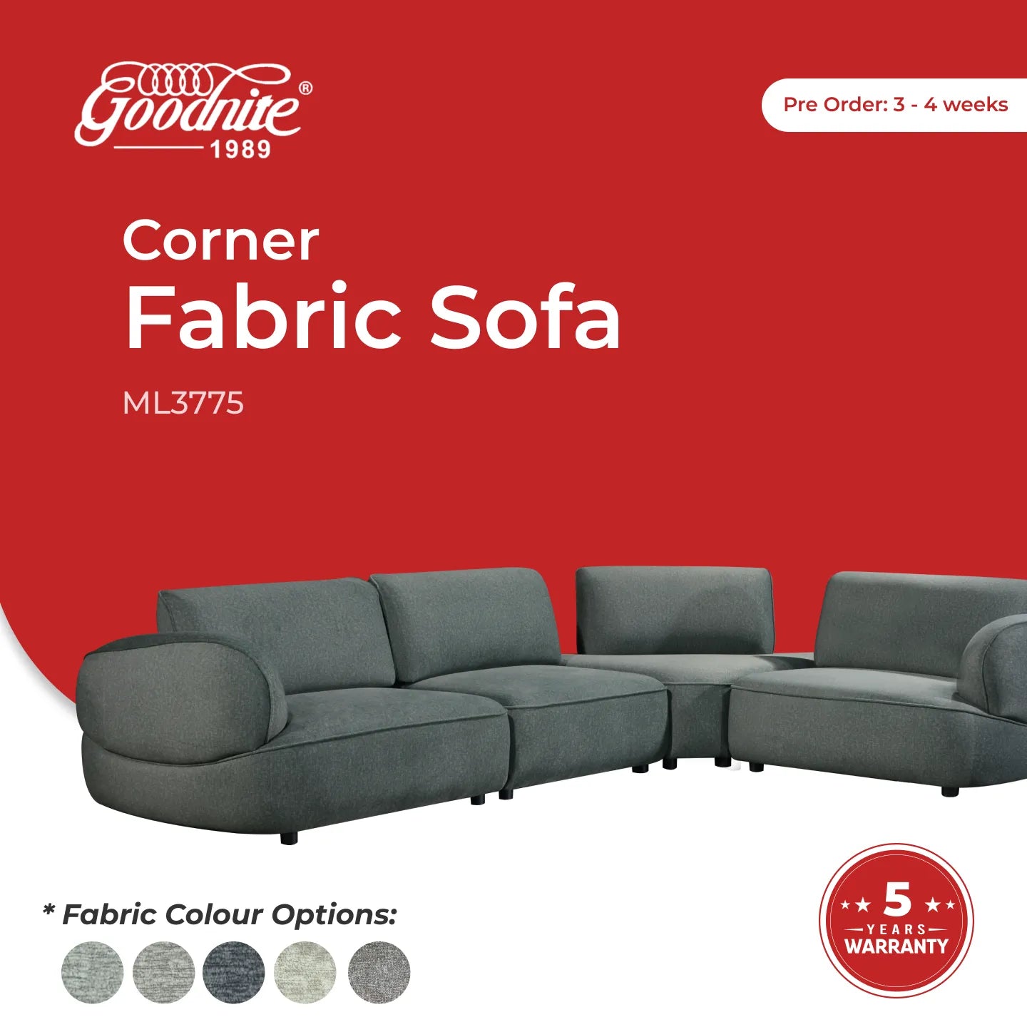 Goodnite Fabric Sofa (ML3775), L-Shape/ 1 Seater/ 2 Seater/ 3 Seater/ 5 Years Warranty