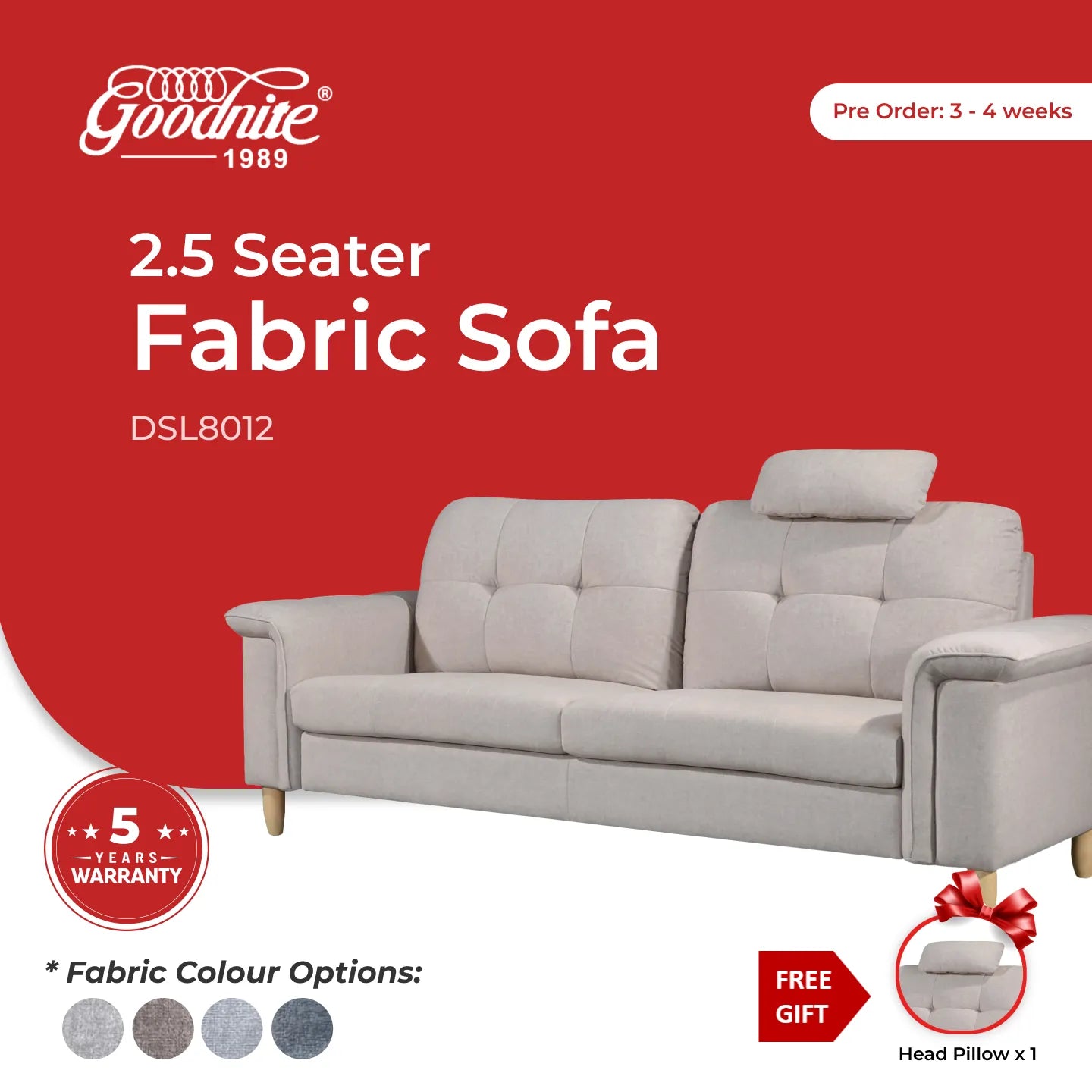 Goodnite Fabric Sofa (DSL8012), 1 Seater/ 2 Seater/ 3 Seater/ 5 Years Warranty
