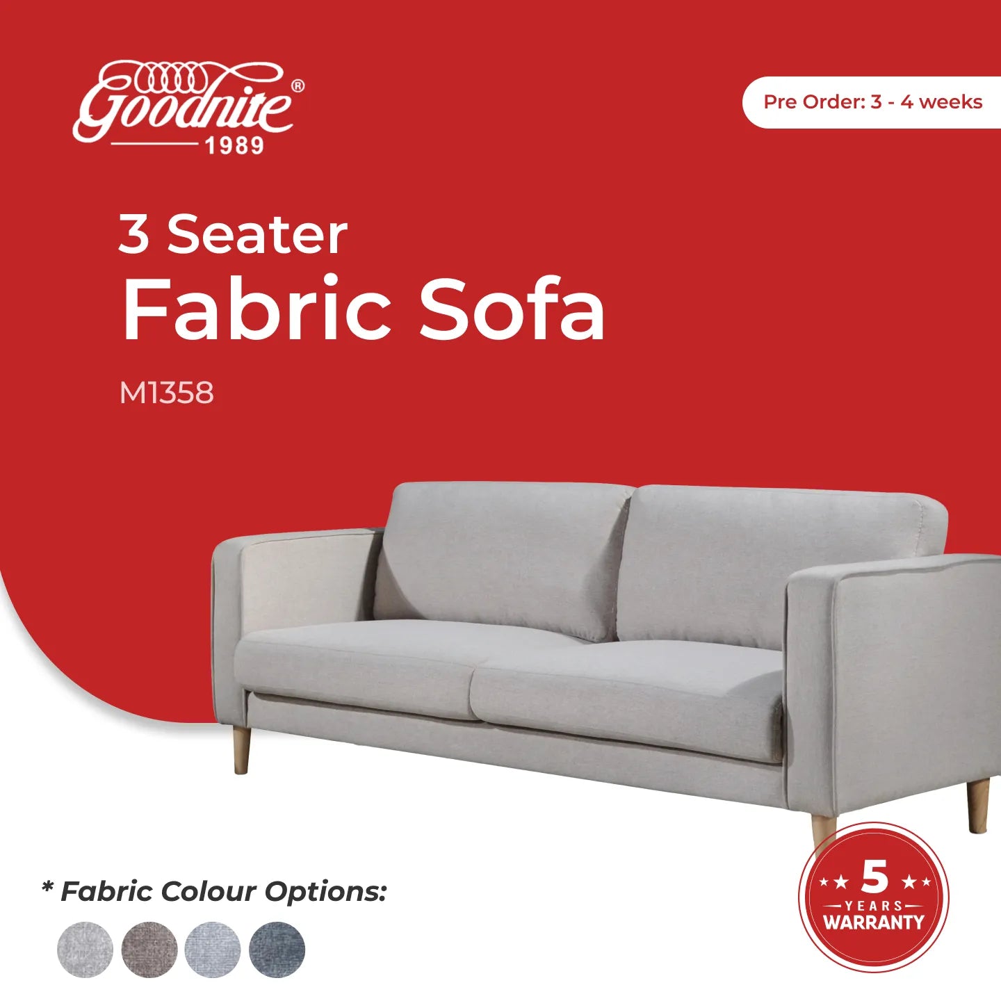 Goodnite Fabric Sofa (M1358), 1 Seater/ 2 Seater/ 3 Seater/ 2+3 Seater, 5 Years Warranty
