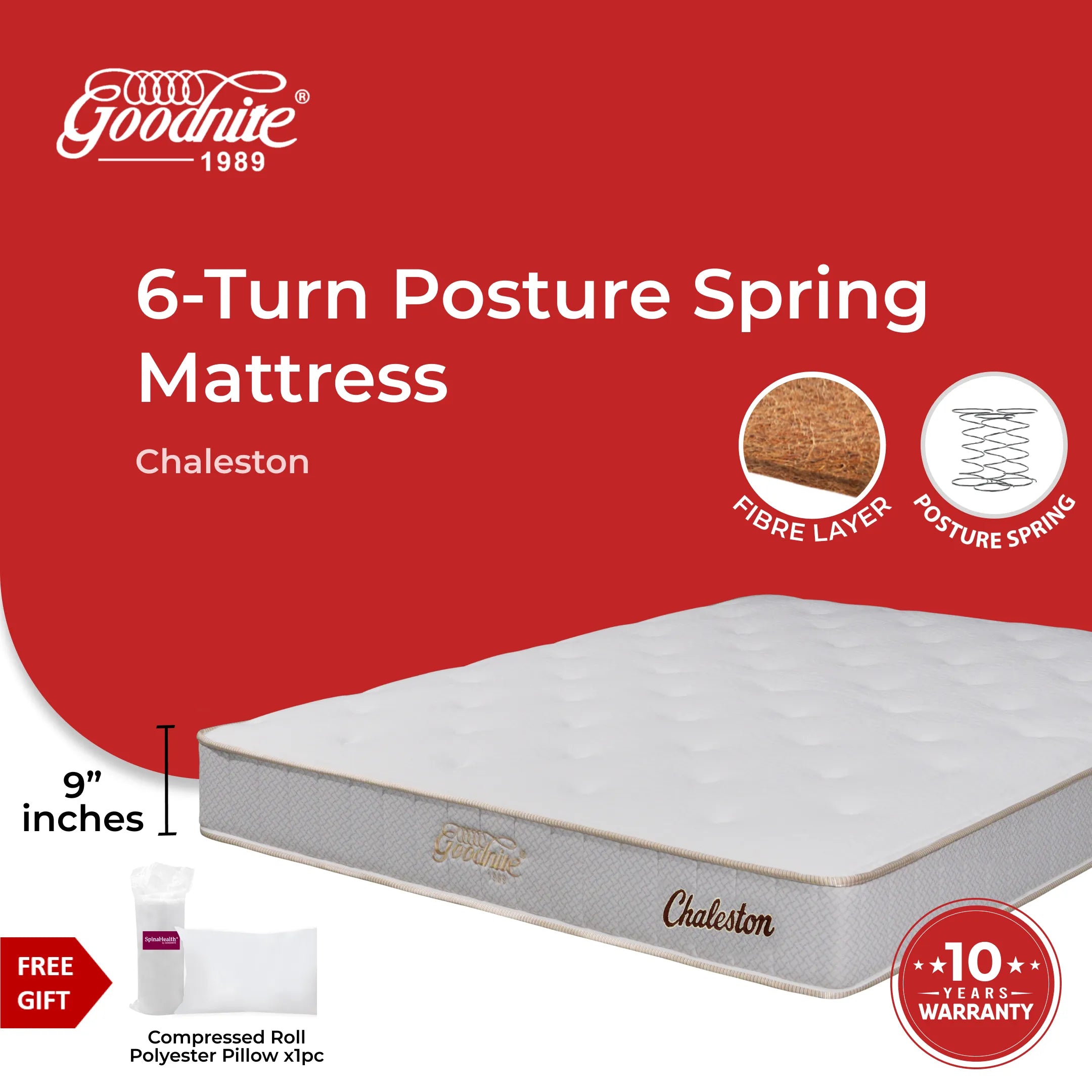 Goodnite Chaleston 6 Turn Posture Spring Mattress (9 Inch) with Single/ Super Single/ Queen/ King
