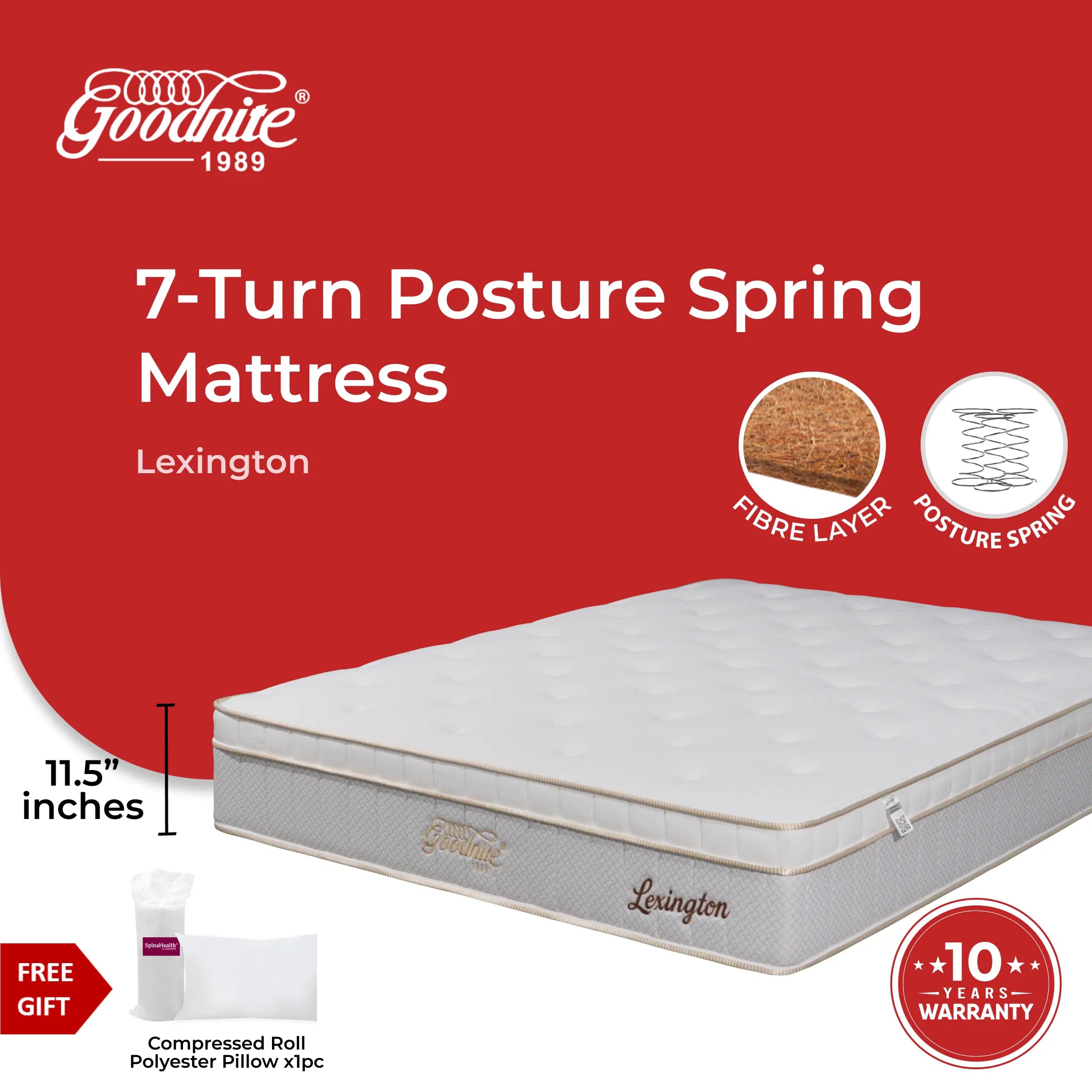 Goodnite Lexington 7 Turn Posture Spring Mattress (11.5 Inch) with Single/ Super Single/ Queen/ King