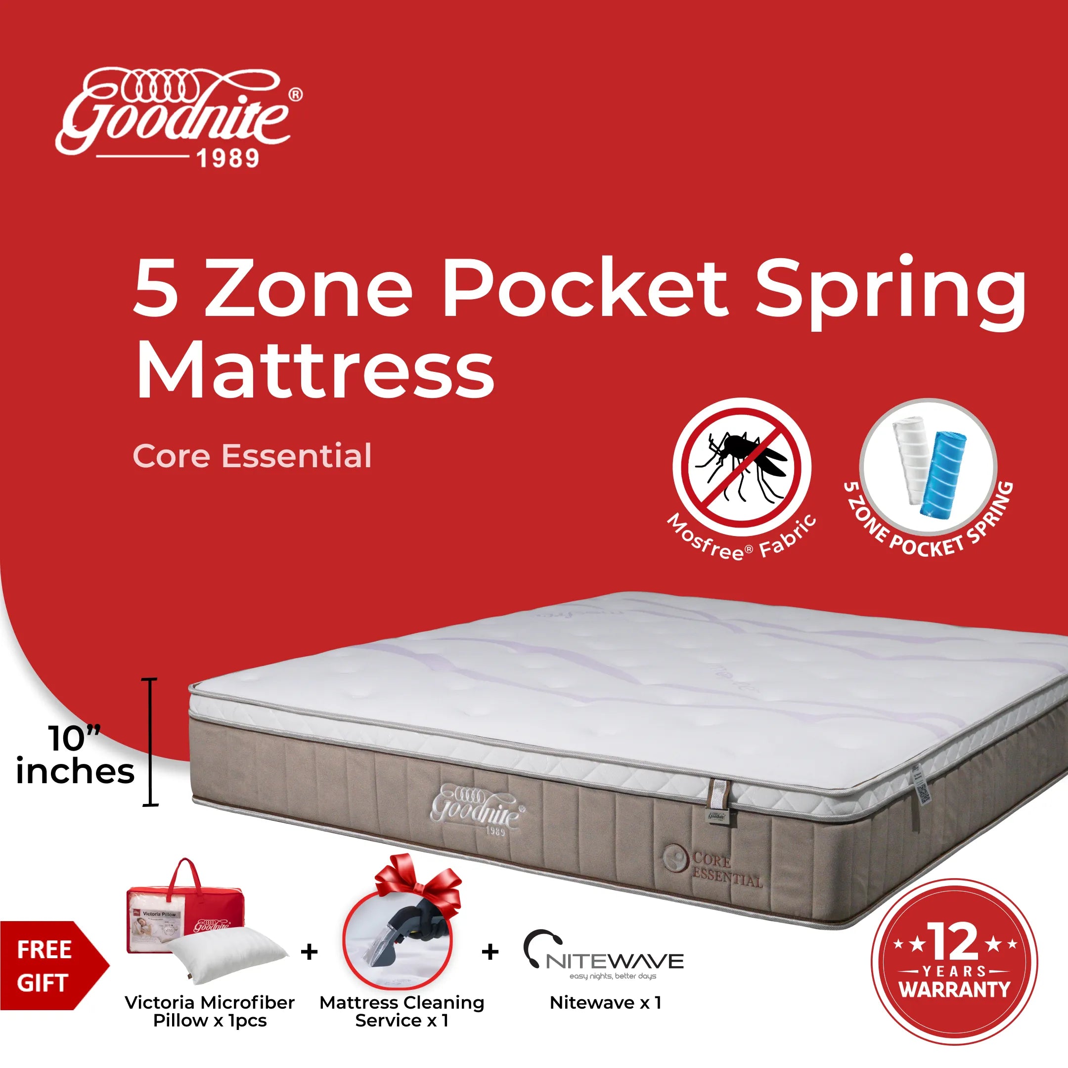 Goodnite Core Essential 5 Zone Pocket Spring Mattress (10 Inch) with Single/ Super Single/ Queen/ King