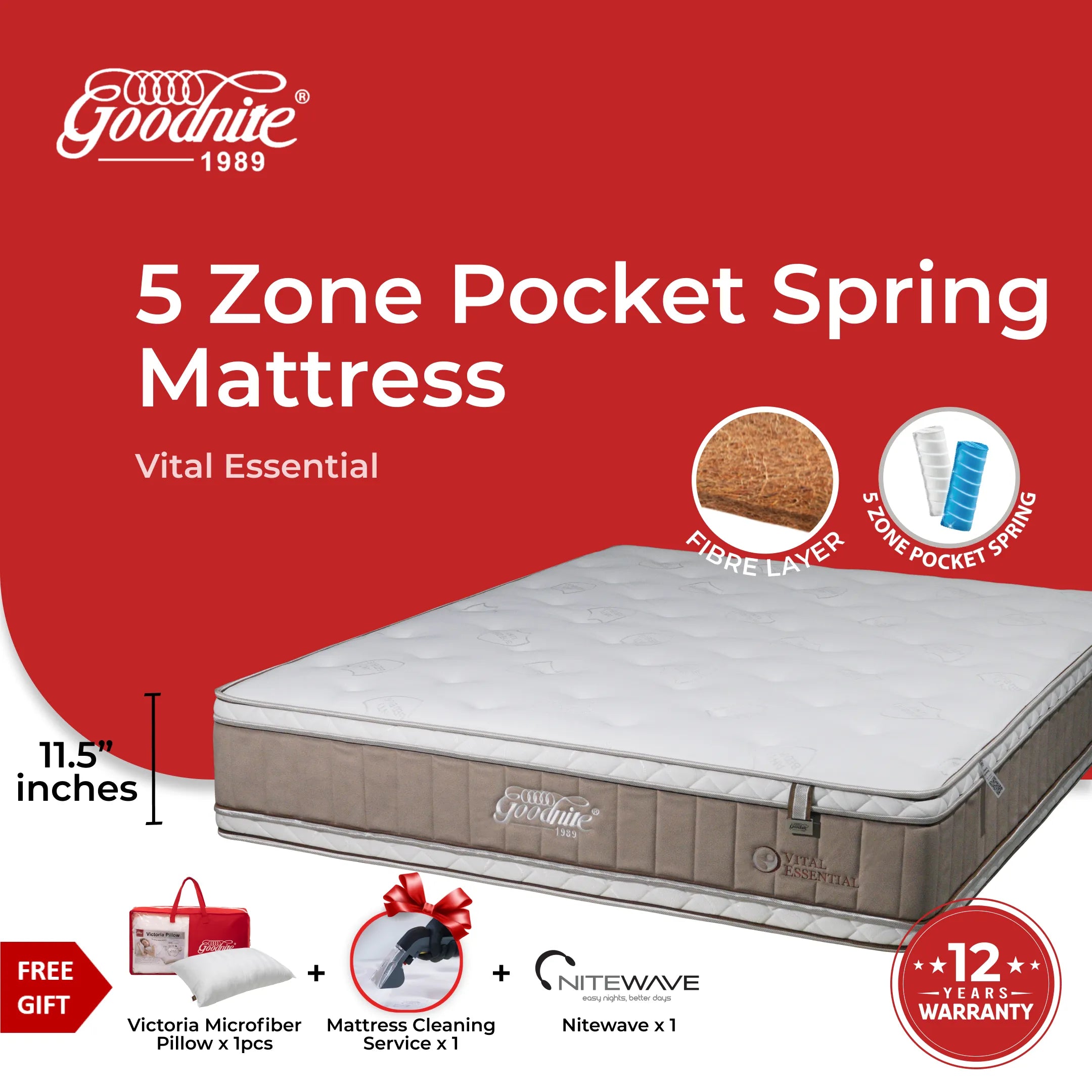 Goodnite Vital Essential Mattress 5 Zone Pocket Spring Mattress (11.5 Inch) with Single/ Super Single/ Queen/ King