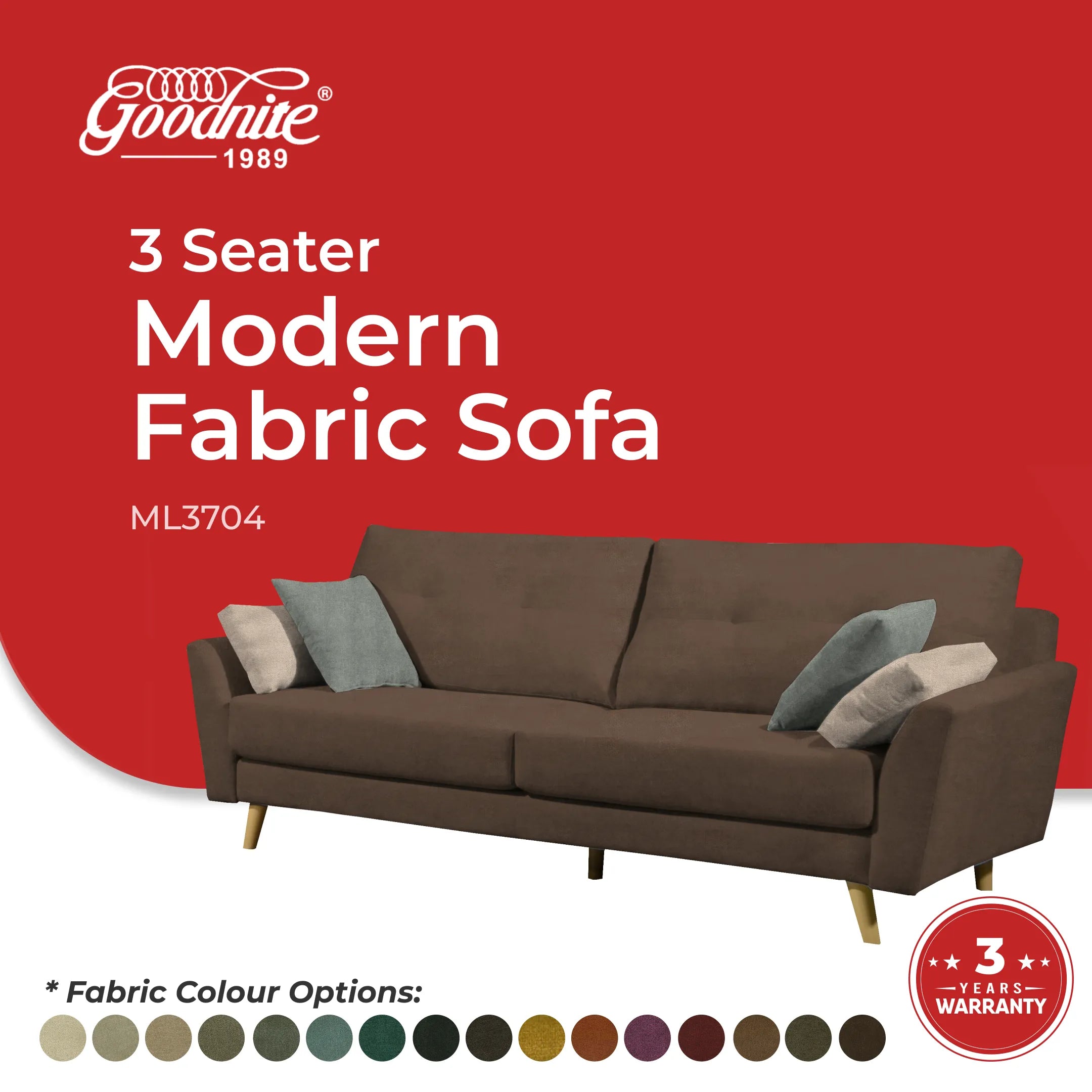 Goodnite Fabric Sofa (ML3704), 1 Seater/ 2 Seater/ 3 Seater/ 2+3 Seater/ 5 Years Warranty