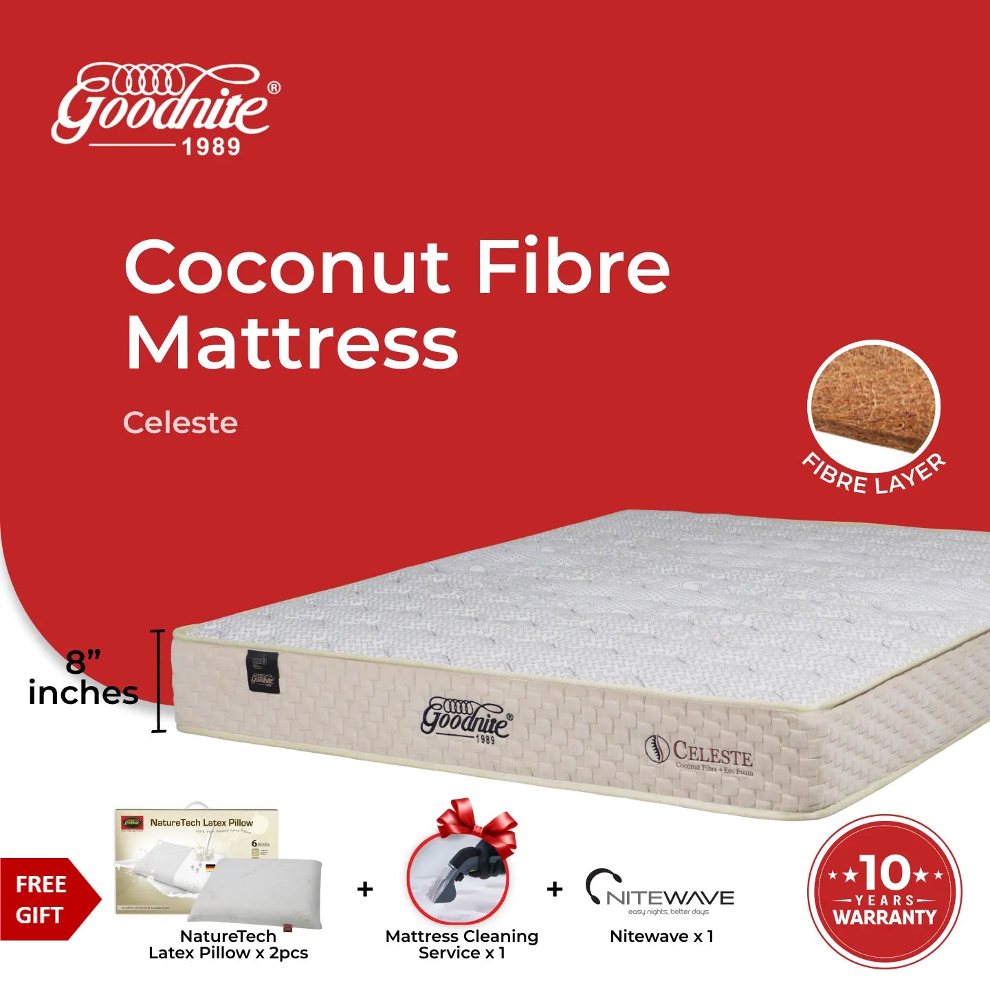 Goodnite Celeste Coconut Fibre Mattress (8 Inch) with Single/ Super Single/ Queen/ King