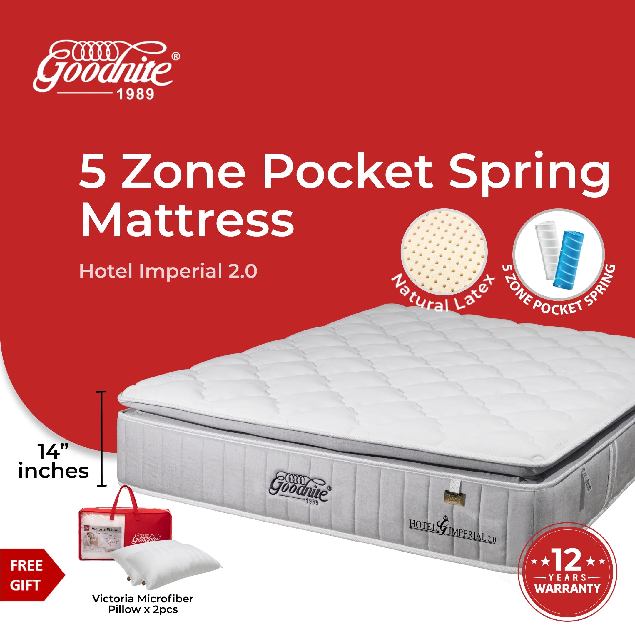 Goodnite Hotel Imperial 2.0 5 Zone Pocket Spring Mattress (14 Inch) with Single/ Super Single/ Queen/ King
