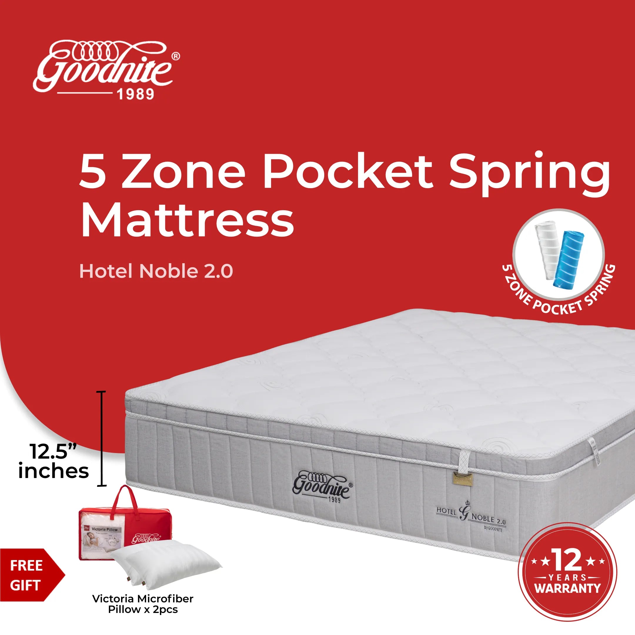 Goodnite Hotel Noble 2.0 5 Zone Pocket Spring Mattress (12.5 Inch) with Single/ Super Single/ Queen/ King