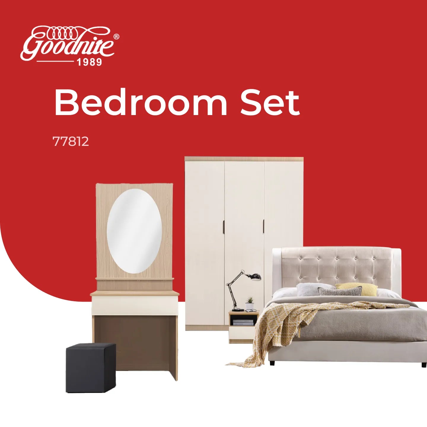 Goodnite Queen/ King Bedroom Set, Bedframe + Wardrobe + Dresser + Side Table (77812)