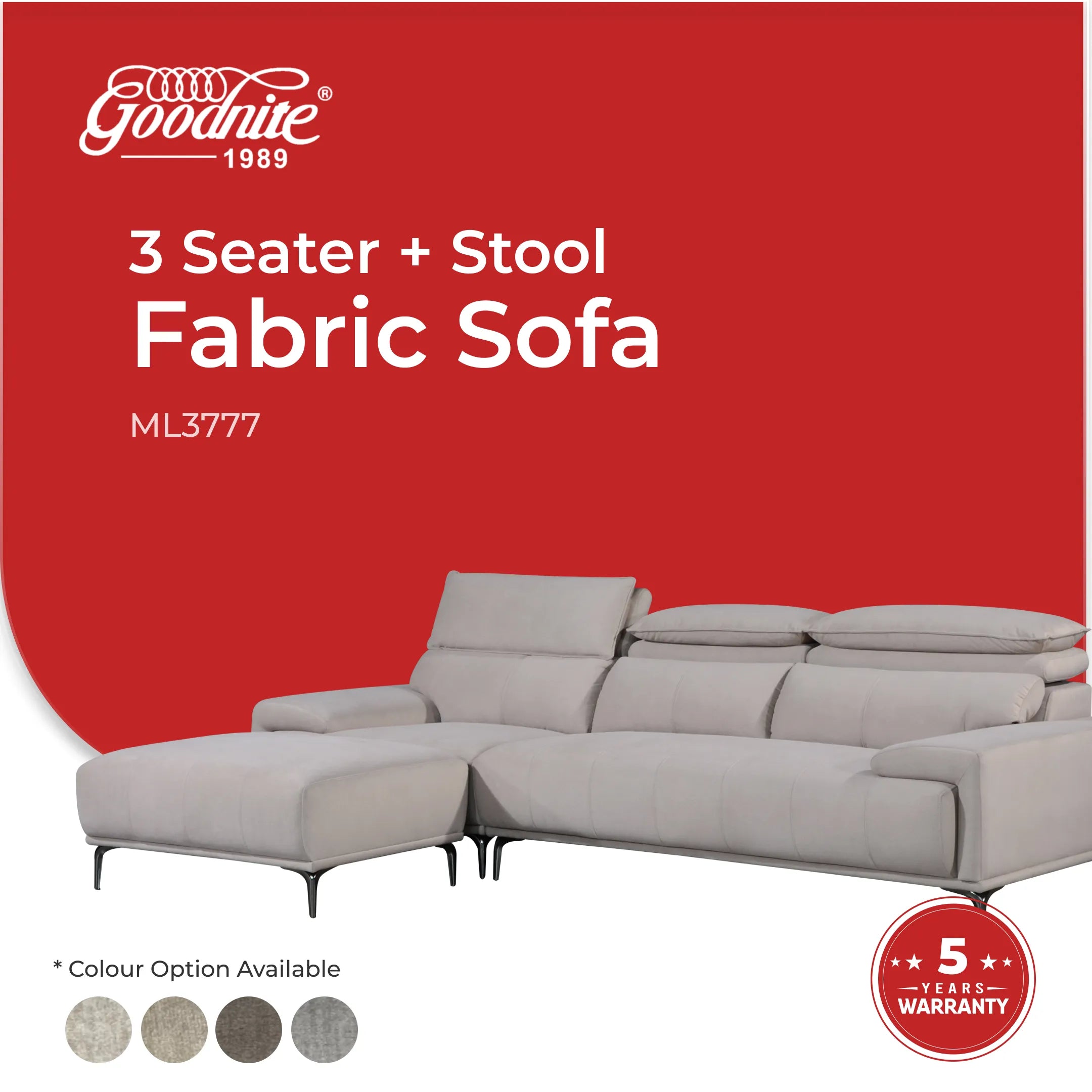 Goodnite Fabric Sofa (ML3777), 1 Seater/ 2 Seater/ 3 Seater/ 3 Seater+ Stool/ 2+3 Seater/ 5 Years Warranty