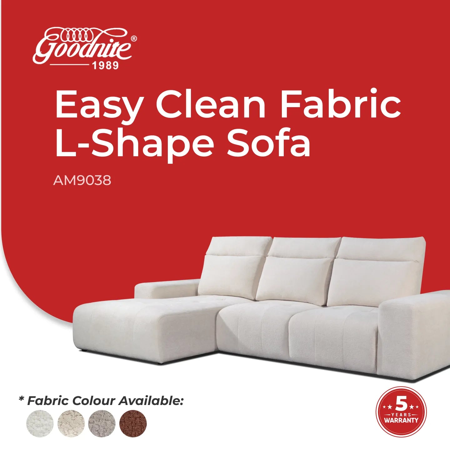 Goodnite Fabric L-Shape (AM9038), 1 Seater/ 2 Seater/ 3 Seater/ L-Shape Sofa / 5 Years Warranty