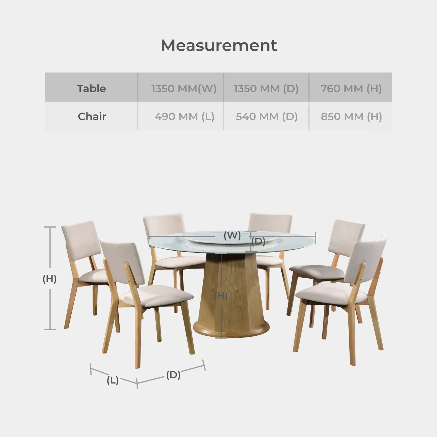 Goodnite (1+6) Nano Marble Dining Set (R 1350mm), Nano Marble Top Table, Wooden Leg, Fabric Chair