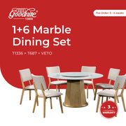 Goodnite (1+6) Nano Marble Dining Set (R 1350mm), Nano Marble Top Table, Wooden Leg, Fabric Chair
