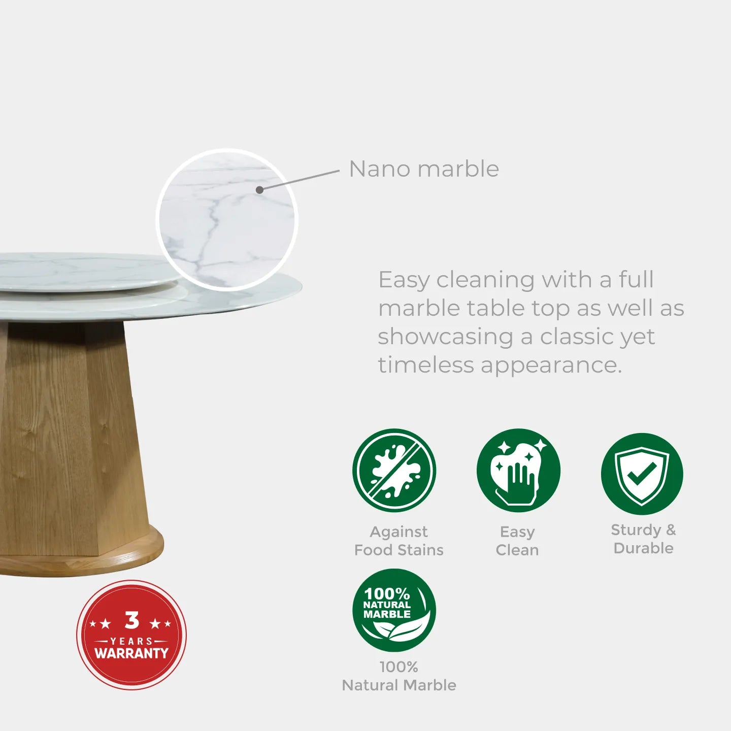 Goodnite (1+6) Nano Marble Dining Set (R 1350mm), Nano Marble Top Table, Wooden Leg, Fabric Chair