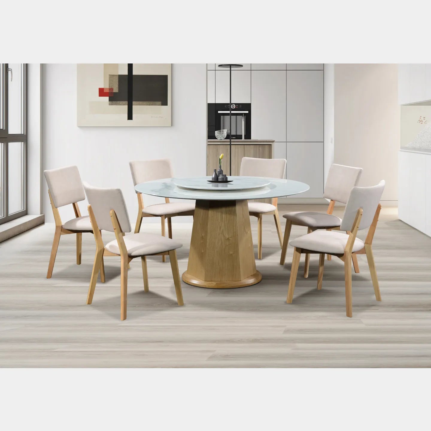 Goodnite (1+6) Nano Marble Dining Set (R 1350mm), Nano Marble Top Table, Wooden Leg, Fabric Chair