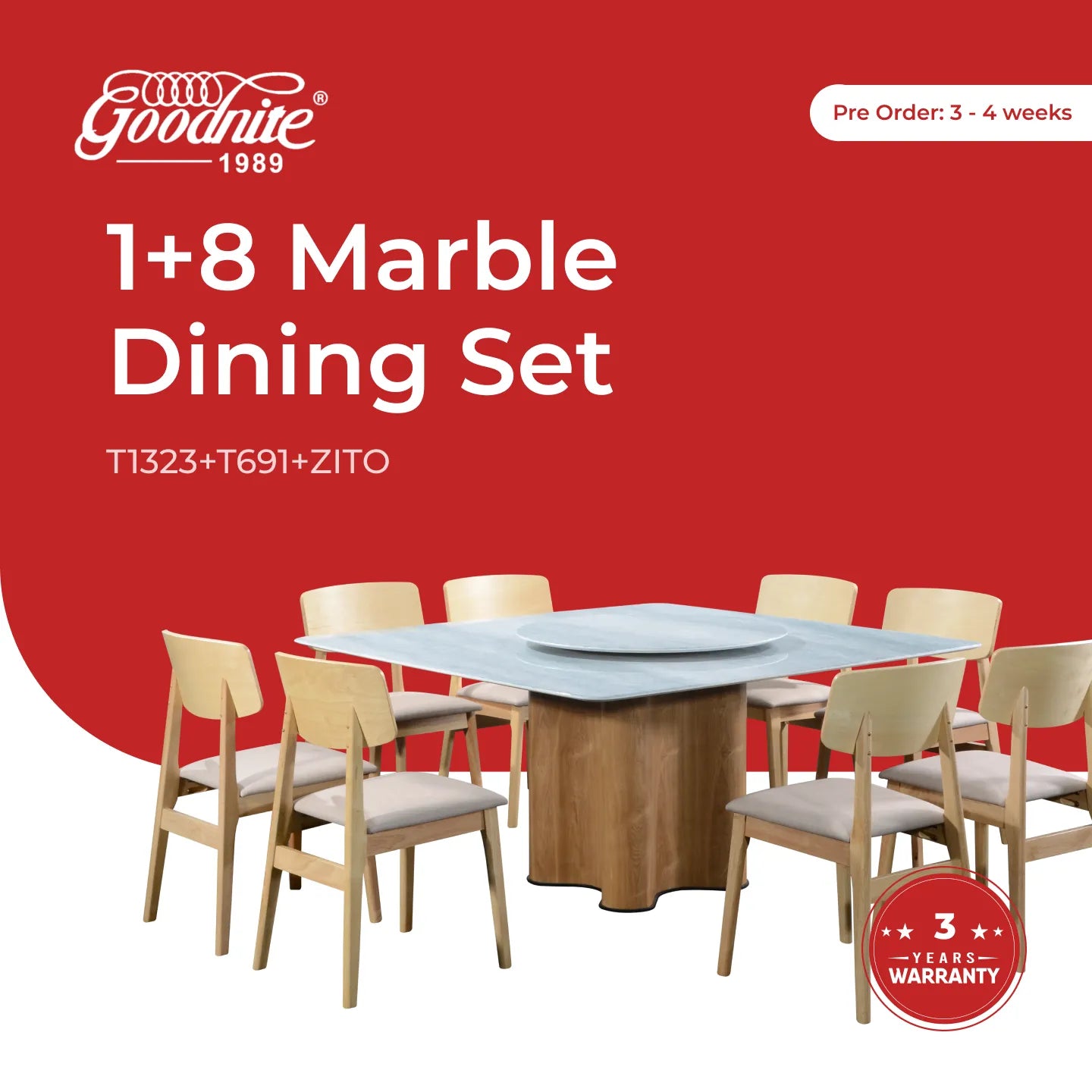 Goodnite (1+8) Nano Marble Dining Set (1500x1500mm), Nano Marble Top Table, Wooden Leg, Fabric Chair