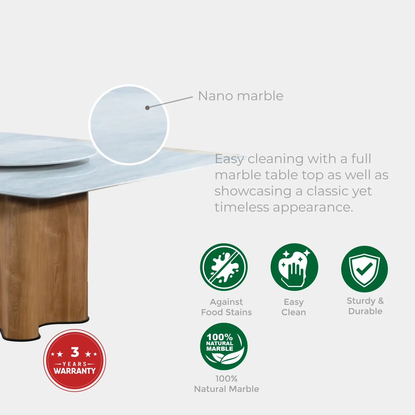 Goodnite (1+8) Nano Marble Dining Set (1500x1500mm), Nano Marble Top Table, Wooden Leg, Fabric Chair