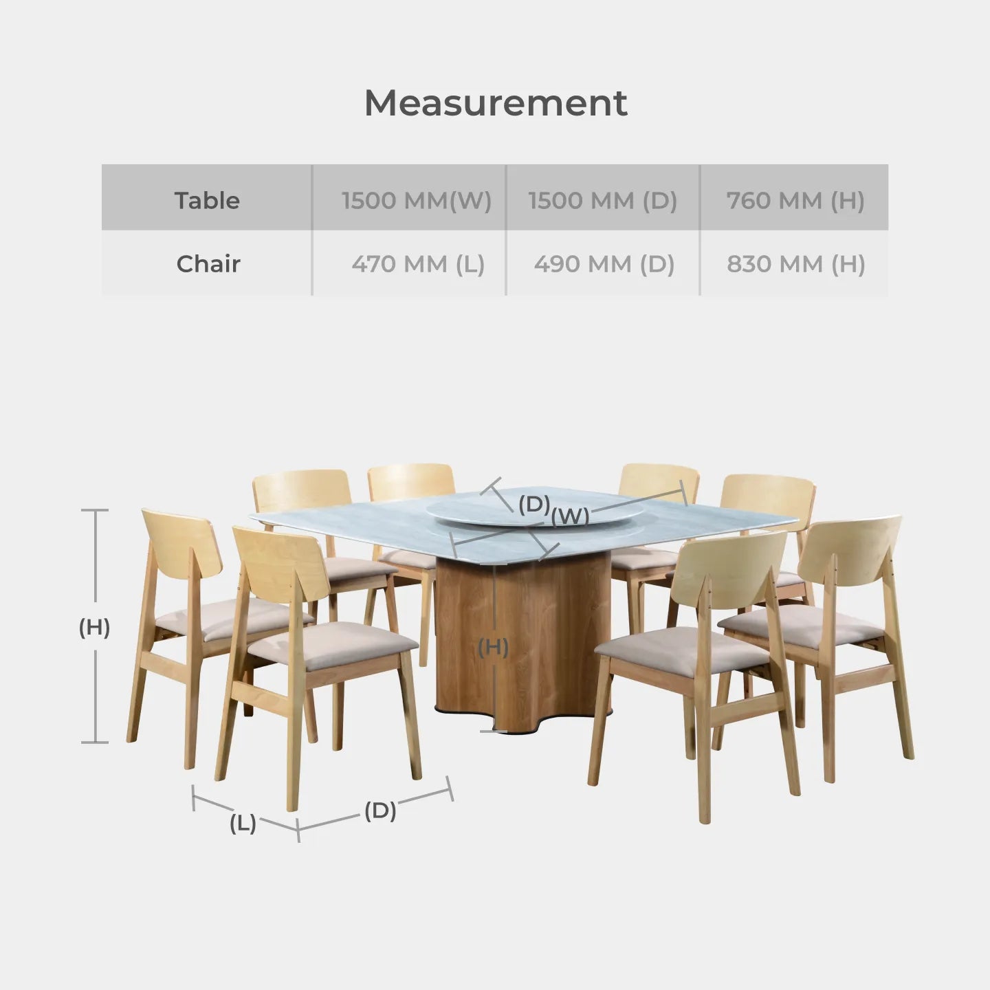 Goodnite (1+8) Nano Marble Dining Set (1500x1500mm), Nano Marble Top Table, Wooden Leg, Fabric Chair