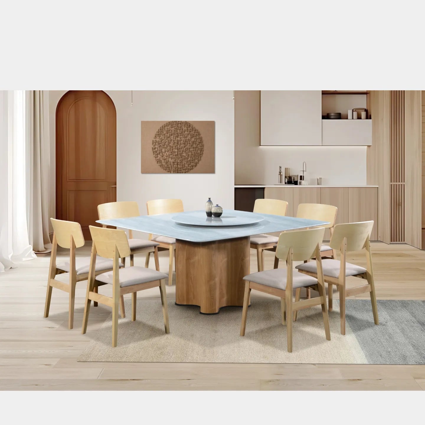 Goodnite (1+8) Nano Marble Dining Set (1500x1500mm), Nano Marble Top Table, Wooden Leg, Fabric Chair