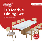 Goodnite (1+8) Nano Marble Dining Set (2000mm), Nano Marble Top Table, Wooden Leg, Fabric Chair