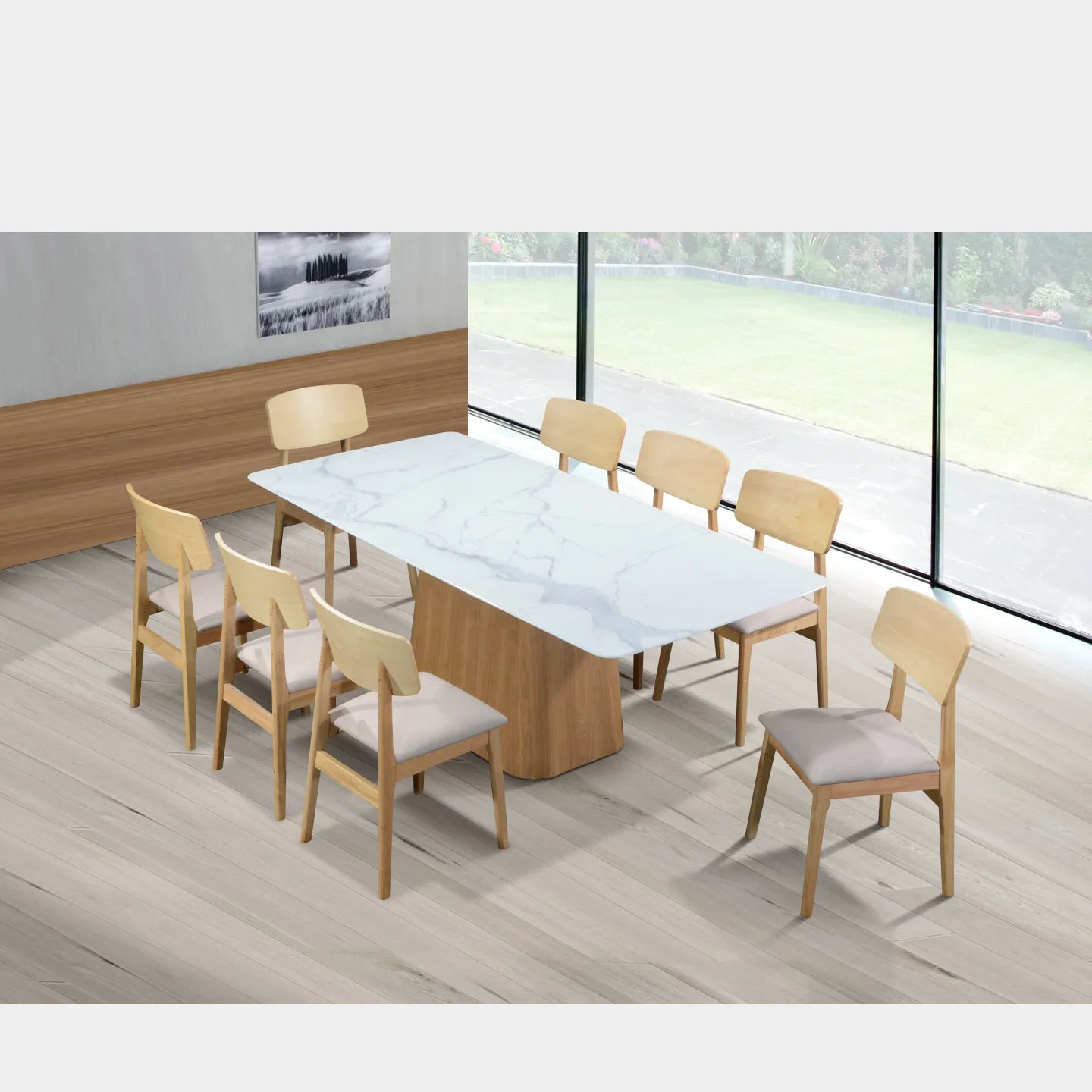 Goodnite (1+8) Nano Marble Dining Set (2000mm), Nano Marble Top Table, Wooden Leg, Fabric Chair