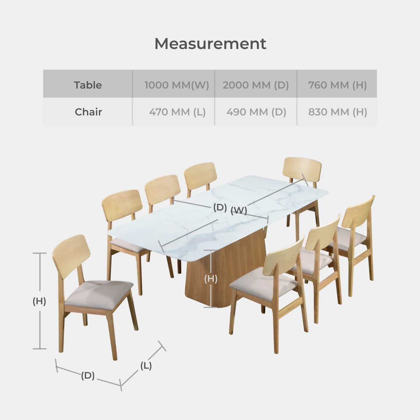 Goodnite (1+8) Nano Marble Dining Set (2000mm), Nano Marble Top Table, Wooden Leg, Fabric Chair