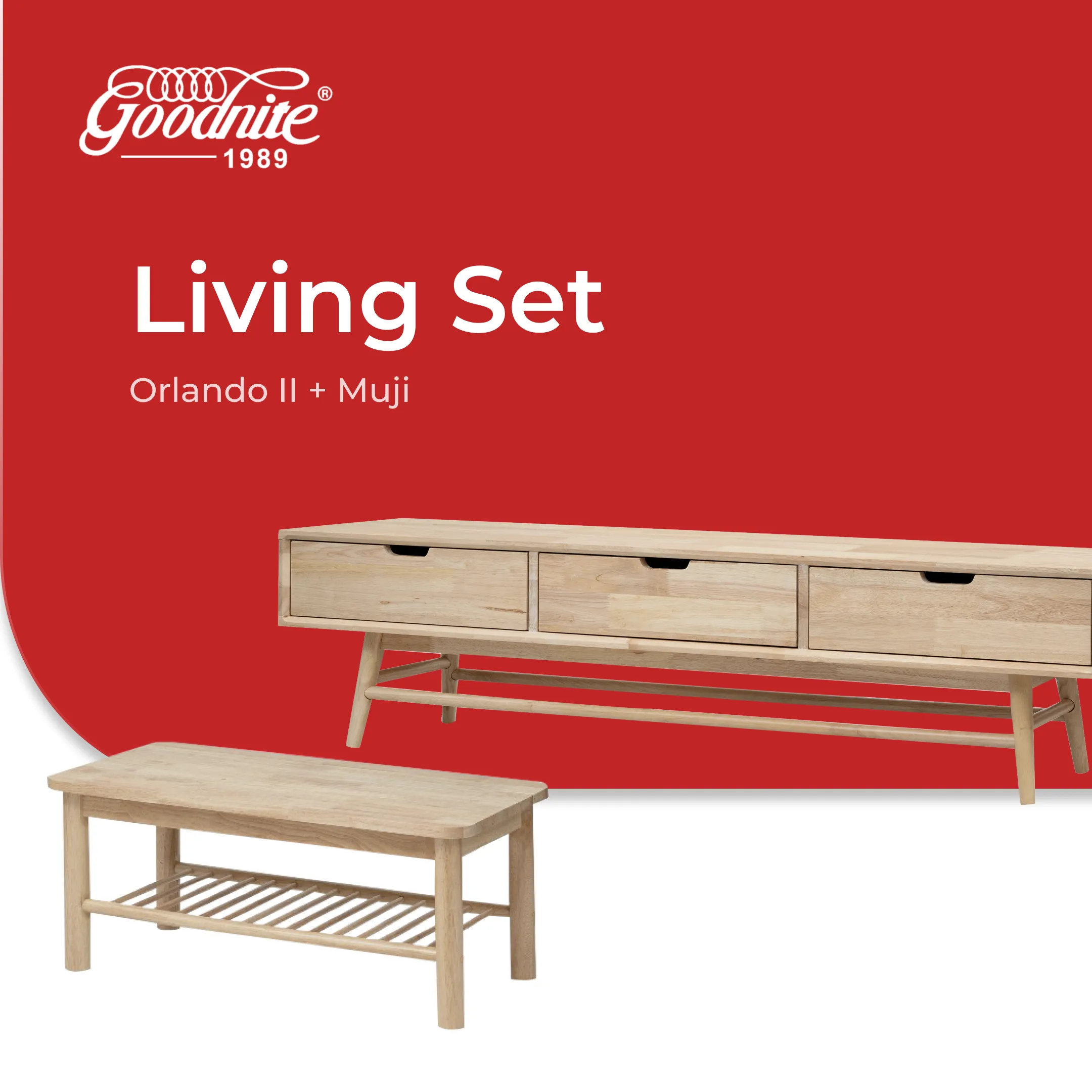 Goodnite Living Set (Orlando II + Muji), 6FT Solid Wood TV Cabinet + Coffee Table Set